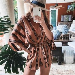 V Neck Print Casual Playsuit Romper Women Batwing Sleeve Wide Leg Fashion Playsuits Overalls Loose Rompers 210415