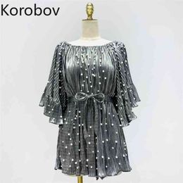 Korobov Summer Chic Beach Style Dress Slim Lacing Bow Mesh Pearls Pleated Dresses Slash Neck Vestidos 2a707 210430