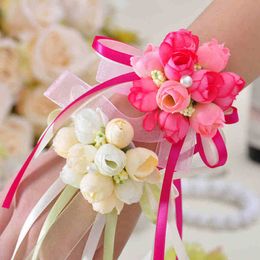 Wedding Flowers Bridesmaids Bracelets Wrist Corsage Accessories Silk Flowers Roses Girl Party Prom Marriage Decoration