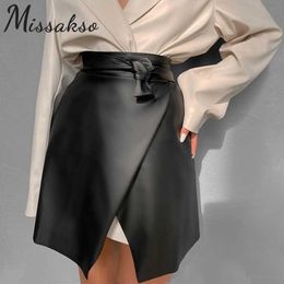 Missakso Fashion Black PU Leather Skirt Lace Up Spring Casual Party High Waist Women Mini Skirts Ladies 210625