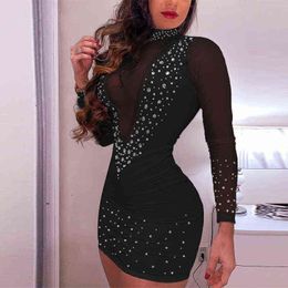 Lady Elegant Decorate Crystal Glitter Party Dress Sexy Gauze Mesh Sheer Slim Mini Dress Women Long Sleeve Bodycon Night Dresses Y1204