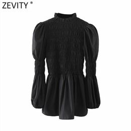 Women Vintage Stand Collar Pleated Black Smock Blouse Office Ladies Puff Sleeve Slim Shirts Chic Blusas Tops LS7516 210420