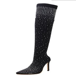Sapatos de vestido Mulheres sexy saltos altos sobre as botas do joelho fêmea feminino coxa outono lantejoulas de cristal longo tamanho35-43