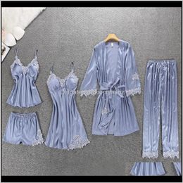 Womens Zoolim Women Pyjamas 5 Pieces Satin Sleepwear Pijama Silk Home Wear Embroidery Sleep Lounge Pyjama With Chest Pads Oii30 Zov0Y