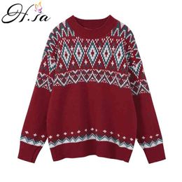 Women Vintage Sweater and Jumpers Argyle Pullovers Oversized Ugly Christmas Pull Knitted Tops 210430