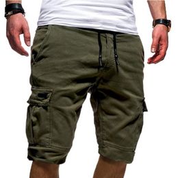 Men Stylish Summer Short Pants Solid Colour Multi Pockets Drawstring Fifth Pants Beach Shorts 2021 Spring Summer Men's Clothing Y0408