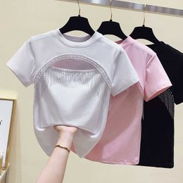 S-XL Summer Short Tops Woman T-shirt Hollow Out Tassel Cotton Short Sleeve Tshirt Women Clothing Pink Tee Shirt Crop Top 210604