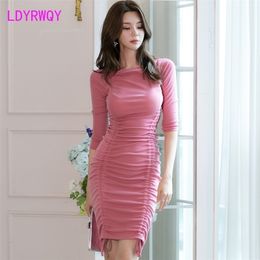 autumn and winter Korean fashion temperament slim pack hip drawstring bottoming dress Knee-Length Three Quarter 210416