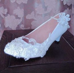 Dress Shoes Middle Heel White Lace Wedding For Woman Sweet Romantic Handmade Plus Sizes Low High Heels Laces Bridal Weddig