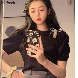 Summer Korean Tops Chic Bowknot O Neck Hollow Out T-shirts Loose White All Match Short Sleeve Fashion Shirt Women 4l055 210519