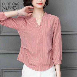 summer fashion chiffon female blouse shirt long sleeve blouses v-neck office lady plus size striped full shirts 0635 40 210506