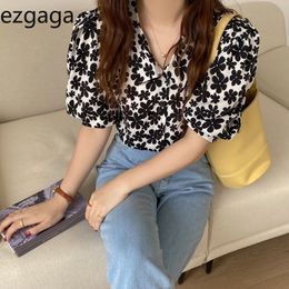 Ezgaga Vintage Floral Puff Sleeve Blouse Women Turn-Down Collar Summer New Korean Fashion Loose 210430