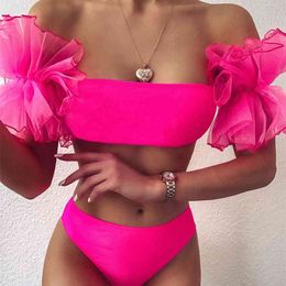 women Sexy swimsuit Strapless Mesh ruffle bandeau bikini swimwear High waist set Black pink bathing suit female 210629