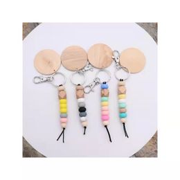 Foreign trade wooden beads and silicone beads keychain can be printed round key ring