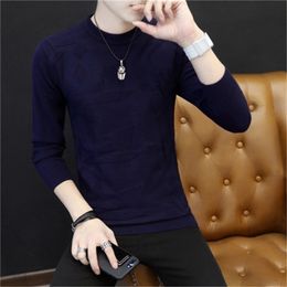 Men's Round Neck Long Sleeve T-Shirt Cotton Bottoming Shirt Loose Pure Color Korean Wear 210420