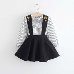 Spring Girls Sets Clothing Full Sleeve Striped Top Shirt + Fashion Ruffle Strap Dress Black Children Clothes Girl 2 pcs Set 210713