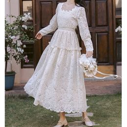 Summer Autumn Women Maxi Party Sleeve Elegant Lady White Lace Tunic Long Dress 210415