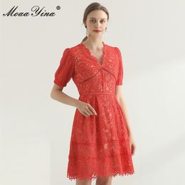 Fashion Designer Summer Red Lace Dress Women's V-neck Hollow out Puff Sleeve Elegant Party Club Mini 210524