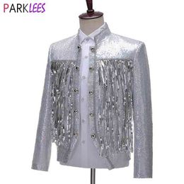 White Tassel Sequins Glitter Blazer Jacket Men Stand Collar Flower Embroidery Mens Blazers Singer DJ Prom Stage Costume 210522