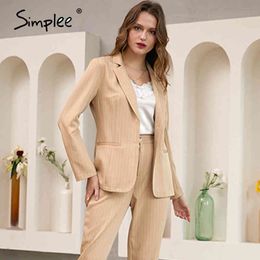 Causal khaki autumn winter women sets Office lady two-pieces stripe long pants Elegant tailored collar suit set 210414
