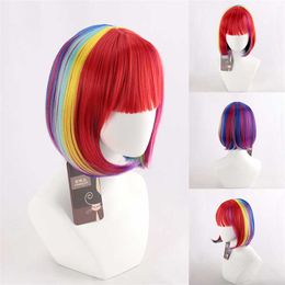 Woman Rainbow Colour Bobo Wig Iridescent Wig Heat Resistant Synthetic Hair for Carnival Halloween Party Cosplay Props