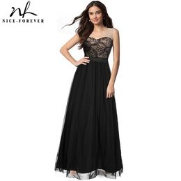 Nice-forever Women Elegant Mesh Floral Lace Patchwork Gown Cocktail Party Chiffon Flare Maxi Dress btyA039 210419