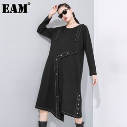 [EAM] Women Black Button Split Asymmetrical Dress Round Neck Long Sleeve Loose Fit Fashion Spring Autumn 1N488 21512