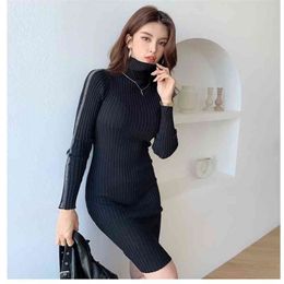 classic retro gold stripe bag hip bottoming slim slimming knitted dress Office Lady knitting Cotton Sheath 210416