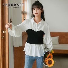 Lantern Sleeve Patchwork Tunic Top Fall Women Long And Blouse Ladies Korean Fashion 210427