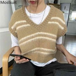Mohair Striped Knitted Women Sweater Vest Sleeveless V-neck Loose Pullover Tops Fashion Korean Female Jumpers 210513