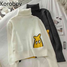 Korobov Korean Autumn Winter Harajuku Sweaters Vintage Long Sleeve Streetwear Turtleneck Pullovers Kawaii Cartoon Sueter Mujer 210430
