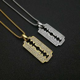 razor blade necklaces Canada - Pendant Necklaces Iced Out Bling Razor Blade Male Gold Color Stainless Steel Shaver Necklace Men's Hip Hop Jewelry Drop