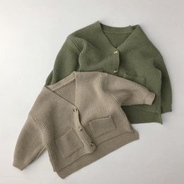 Spring Baby Boys Knitted Cardigan Sweaters Pockets Solid Colors Girls Knit Jacket Toddlers Kids Sweater Children Clothes 210413