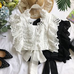 Summer Sweet Women Party Lace Camisole Sexy Ruffle Hollow Out Crochet Bow Night Club Camis Vacation Tank Top 210415