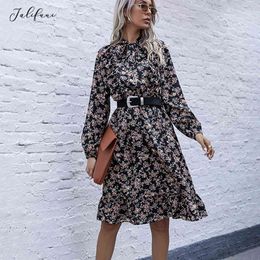 Dress Fashion Bow Vintage Black Ladies Floral Print Ruffle Long Sleeve Dresses For Women Spring Autumn Clothes New Arrival 210415