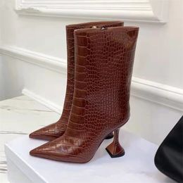 Timsah Desen Deri Kısa Çizmeler Fincan Topuklu Modern Ayakkabı Kadın Parti Ayakkabı Seksi Yüksek Topuk Ayak Bileği Boot Kadınlar Sivri Burun