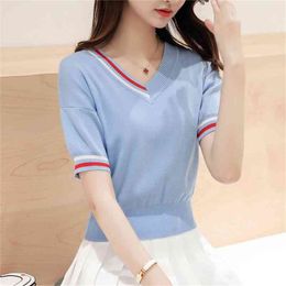 Summer Contrast Colour V-Neck Short T-Shirt Women Fashion Sleeve Thin knitted Tops Chic Stretch Pullover Tees Female 210522