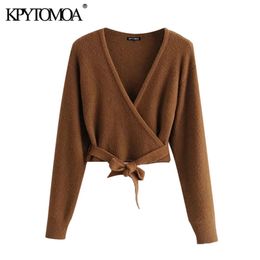 Women Fashion With Bow Tied Cropped Knitted Cardigan Sweater V Neck Long Sleeve Female Outerwear Chic Tops 210420