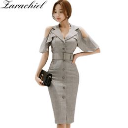 Summer Office Work Wear Pencil Womens Grey Sexy Off Shoulder Notched Single Breasted Split Bodycon Dress With Belt 210416