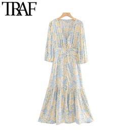 Women Elegant Fashion Floral Print Ruffled Midi Dress Vintage V NecK Three Quarter Sleeve Female Dresses Vestidos 210507