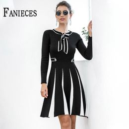 Women's Autumn Winter Knitted Sweater Dresses Casual Back White Slim Patchwork A-line Dress Vestidoss Ropa Mujer Femme 210520