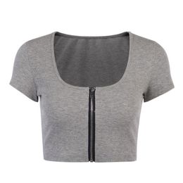 Women's T-Shirt Women Summer Short Sleeve Grey Zipper Front Cardigan Crop Top Ribbed Knitted Bodycon Fit Sexy Square Neck Casual