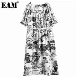 [EAM] Women Black Print Big Size Dress Square Neck Short Lantern Sleeve Loose Fit Fashion Spring Summer 1DD7489 21512