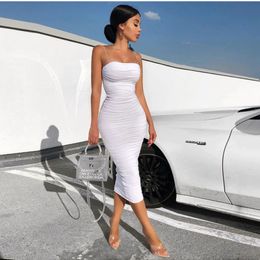 Sexy Women Bodycon Dress Slim Elegant Ruched Maxi Dresses Summer Strapless White Backless 2 Layer Evening Party Dress Women 2021 X0521