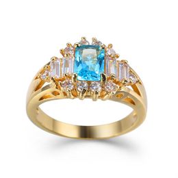 gold promise rings for men Australia - Wedding Rings Luxury Men Women Big Sea Blue Square Stone Ring Gold Color Large Row Drilling Promise Zircon Engagement