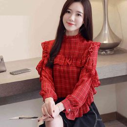 Spring Autumn Women's Stand-up Collar Plaid Shirt Chiffon Ruffled Tops Female Wild Long-sleeved GD563 210506