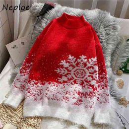 Chic Snowflake Pattern Patckwork Pullovers Sweet Cute Turtlenneck Swearters Women Autumn Christmas Knitted Top 210422