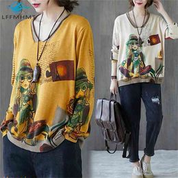 Women Spring Fall Fashion Vintage Long Sleeve Girl Cartoon Print High Quality Knit Sweater Office Lady V-Neck Loose Casual Tops 210914