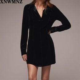 women Fashion velvet mini dress Female Vintage long puff sleeves v neck Short collared chic dresses Ladies 210520