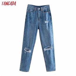 Tangada Fashion Women Boyfriend Style Ripped Jeans Pants Long Trousers Pockets Buttons Female 4M138 210809